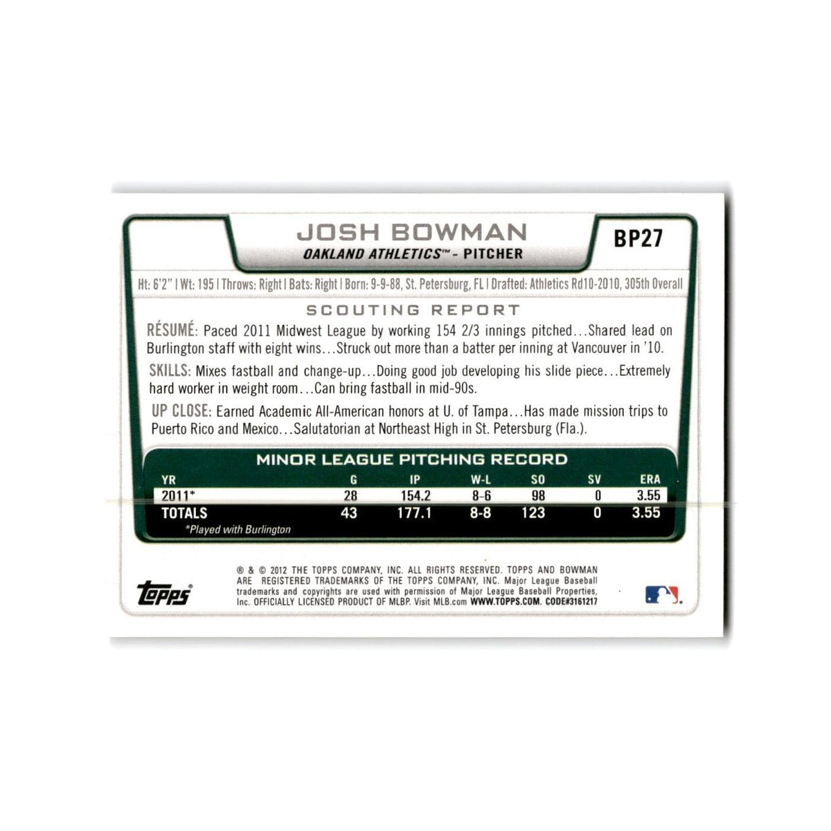 Josh Bowman 2012 Bowman Prospects #BP27 Oakland Athletics Baseball Card NM