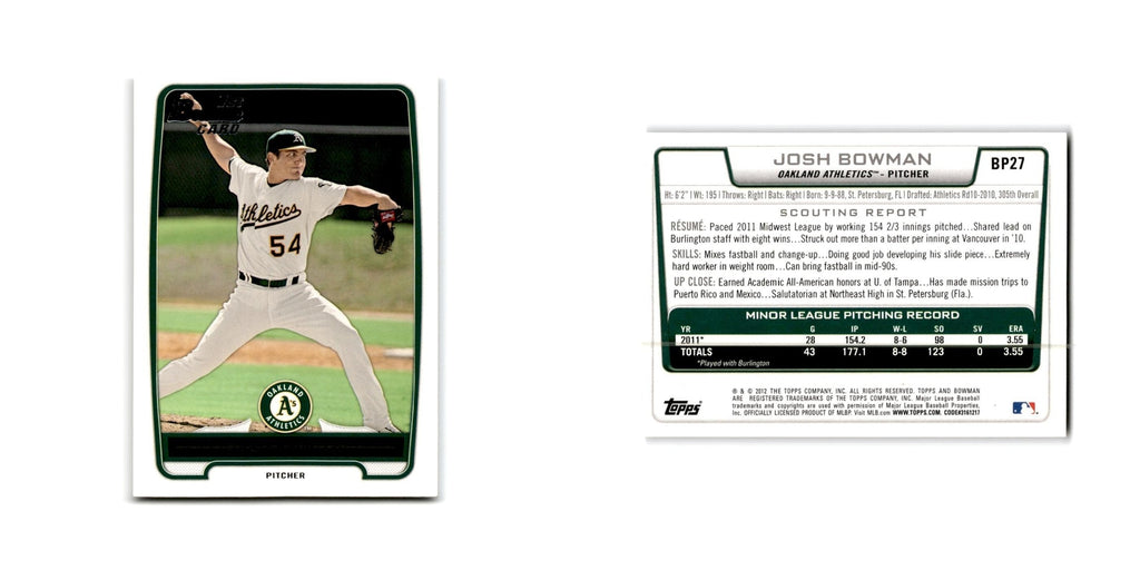 Josh Bowman 2012 Bowman Prospects #BP27 Oakland Athletics Baseball Card NM
