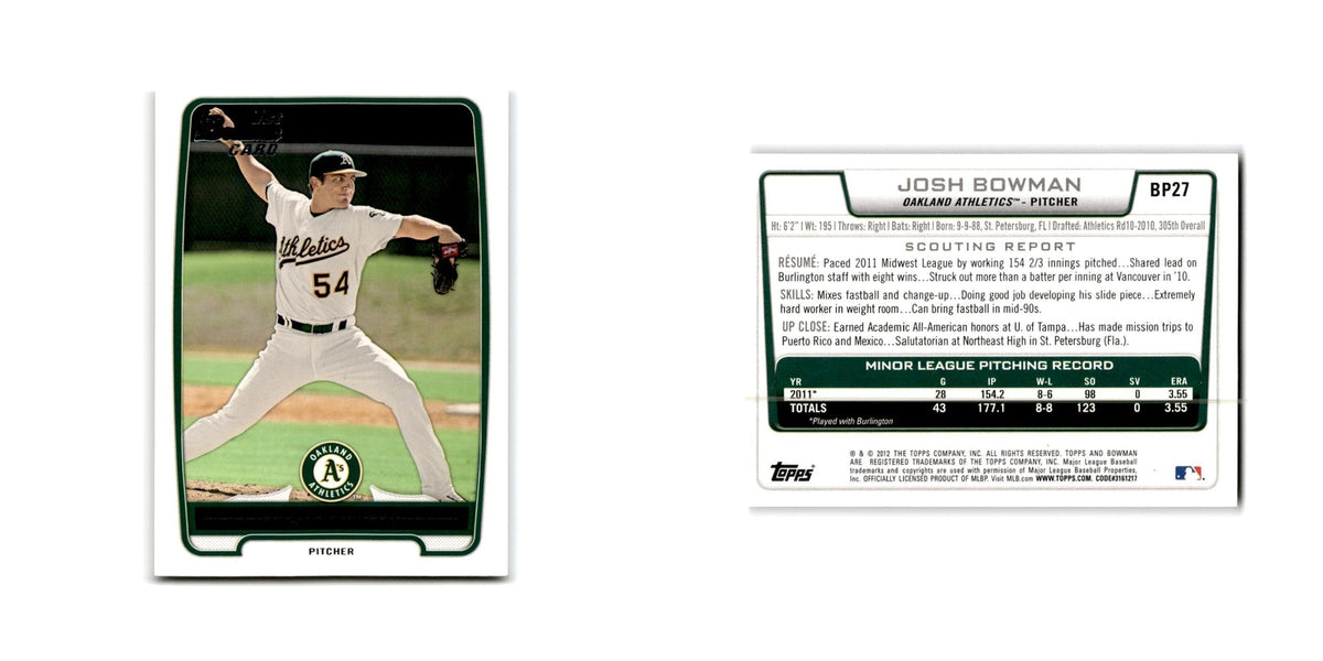 Josh Bowman 2012 Bowman Prospects #BP27 Oakland Athletics Baseball Card NM