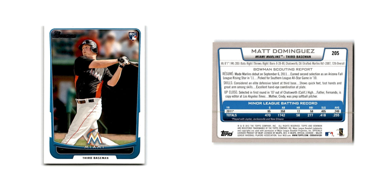 Matt Dominguez Rookie 2012 Bowman #205 Miami Marlins Baseball Card NM