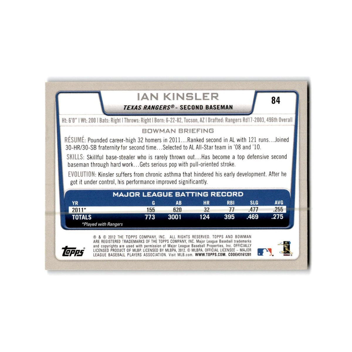 Ian Kinsler 2012 Bowman Gold #84 Texas Rangers Baseball Card NM