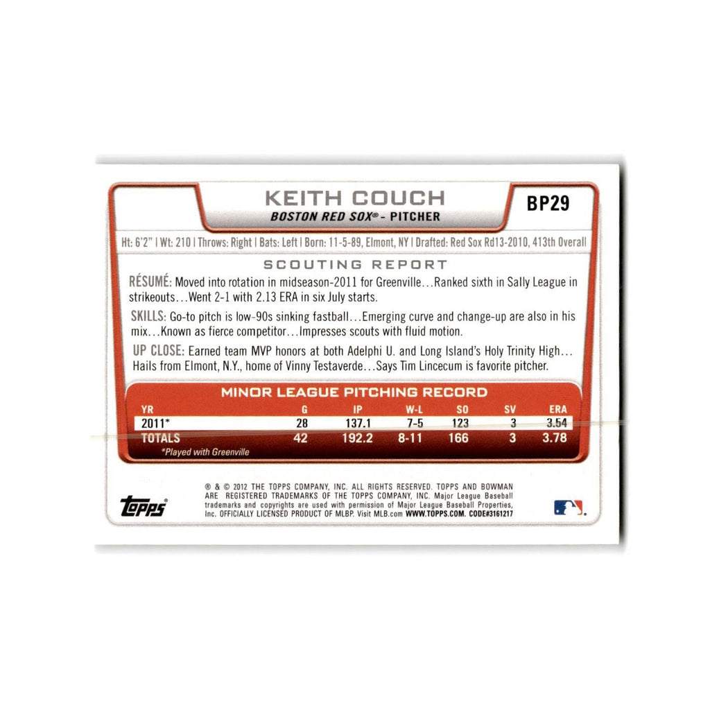 Keith Couch 2012 Bowman Prospects #BP29 Boston Red Sox Baseball Card NM