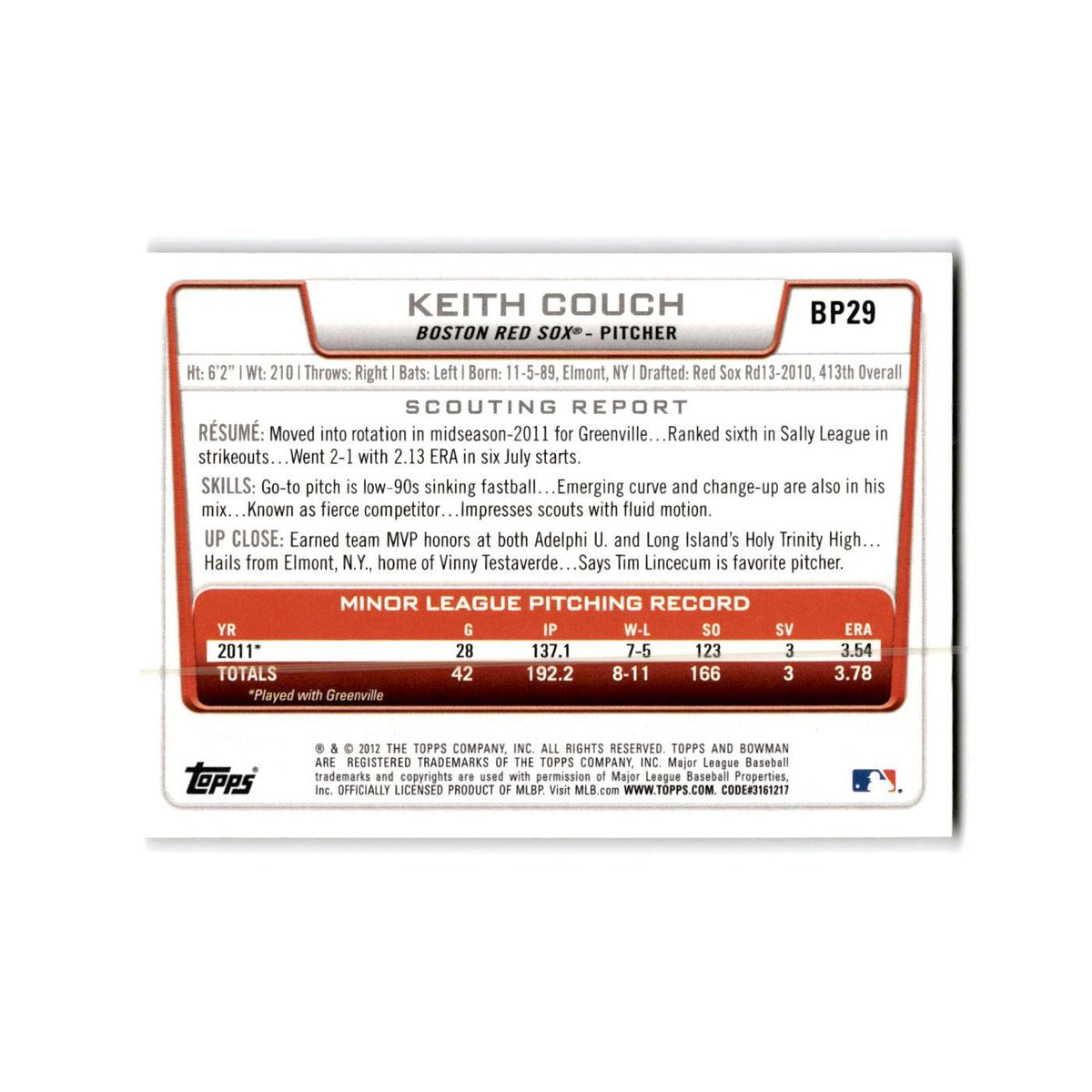 Keith Couch 2012 Bowman Prospects #BP29 Boston Red Sox Baseball Card NM