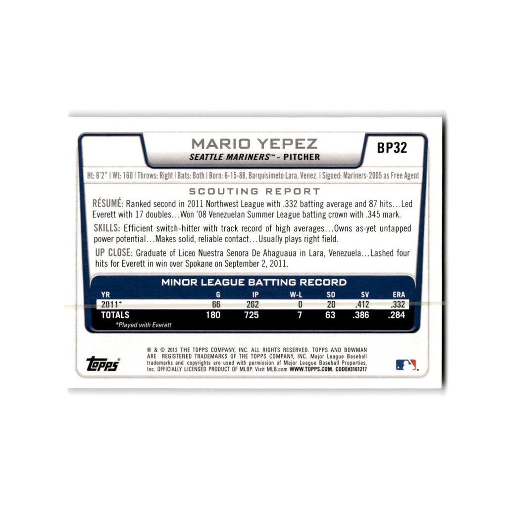 Mario Yepez 2012 Bowman Prospects #BP32 Seattle Mariners Baseball Card NM