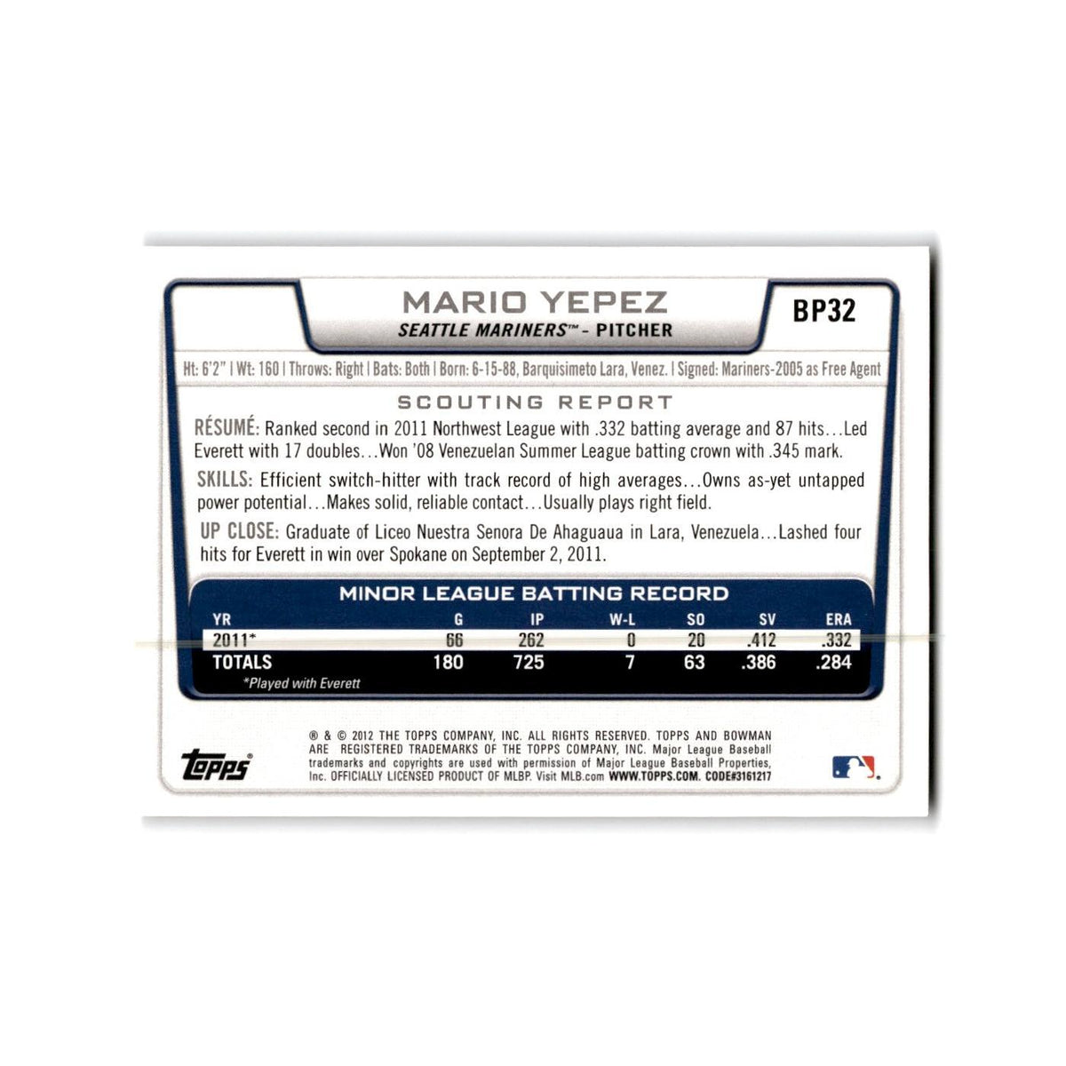 Mario Yepez 2012 Bowman Prospects #BP32 Seattle Mariners Baseball Card NM