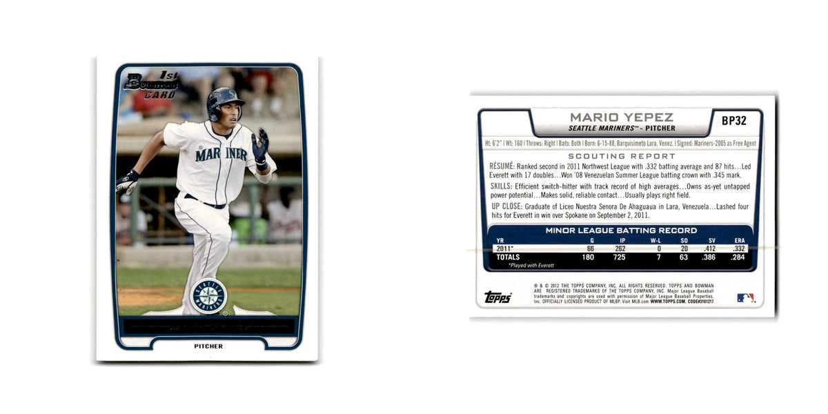 Mario Yepez 2012 Bowman Prospects #BP32 Seattle Mariners Baseball Card NM