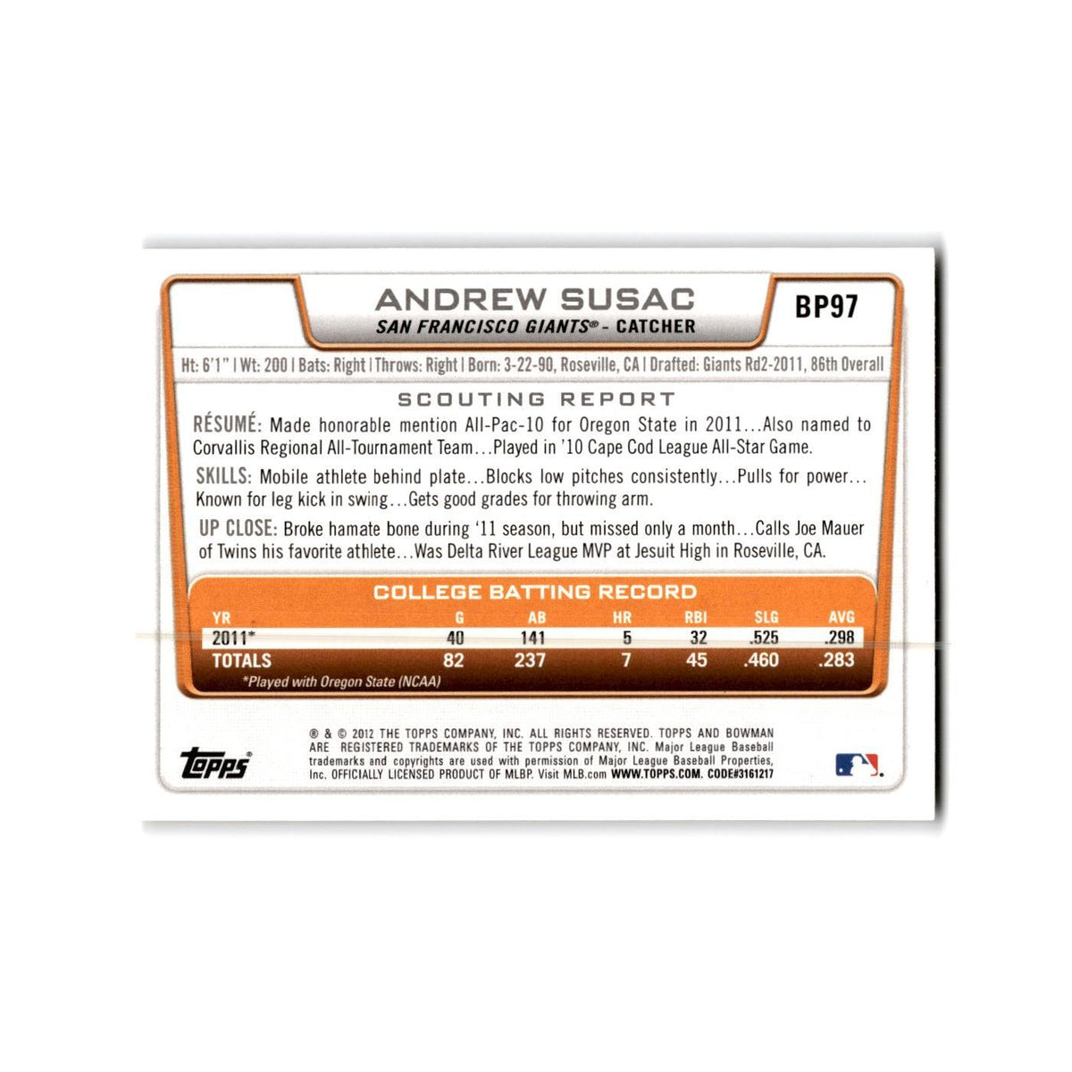 Andrew Susac 2012 Bowman Prospects #BP97 San Francisco Giants Baseball Card NM