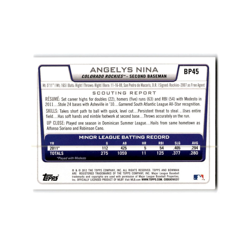 Angelys Nina 2012 Bowman Prospects #BP45 Colorado Rockies Baseball Card NM
