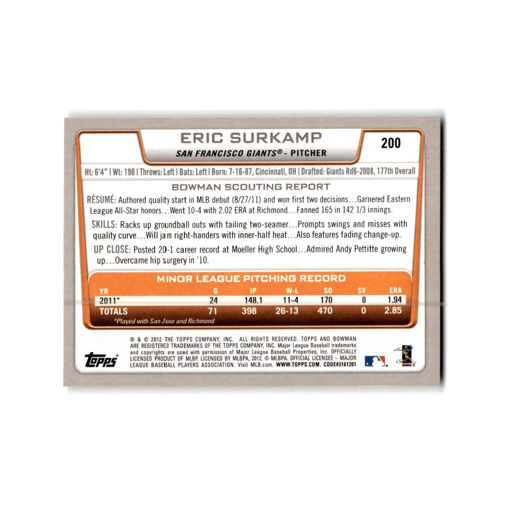 Eric Surkamp Rookie 2012 Bowman #200 San Francisco Giants Baseball Card NM