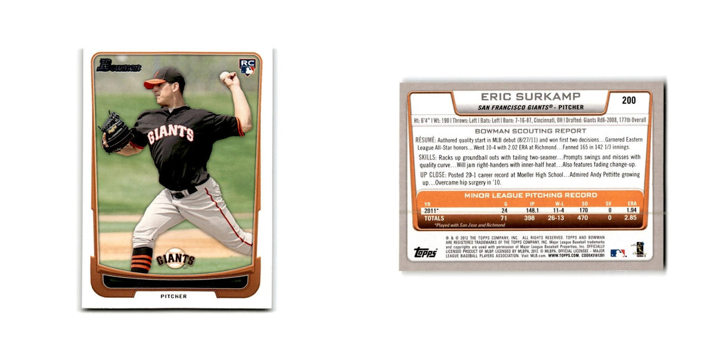 Eric Surkamp Rookie 2012 Bowman #200 San Francisco Giants Baseball Card NM