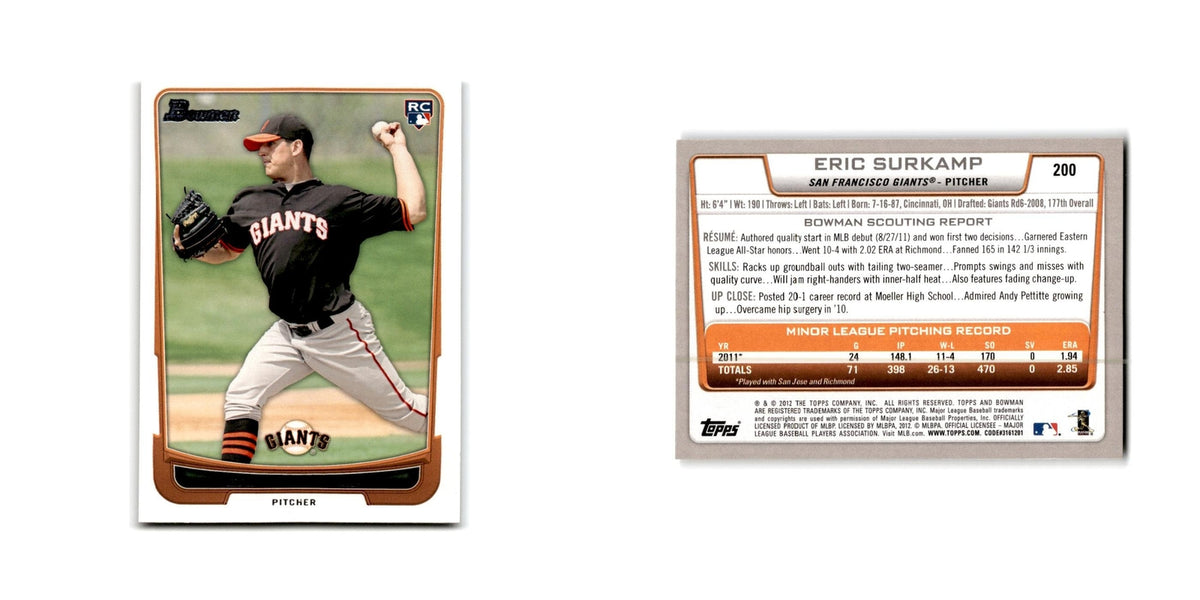 Eric Surkamp Rookie 2012 Bowman #200 San Francisco Giants Baseball Card NM