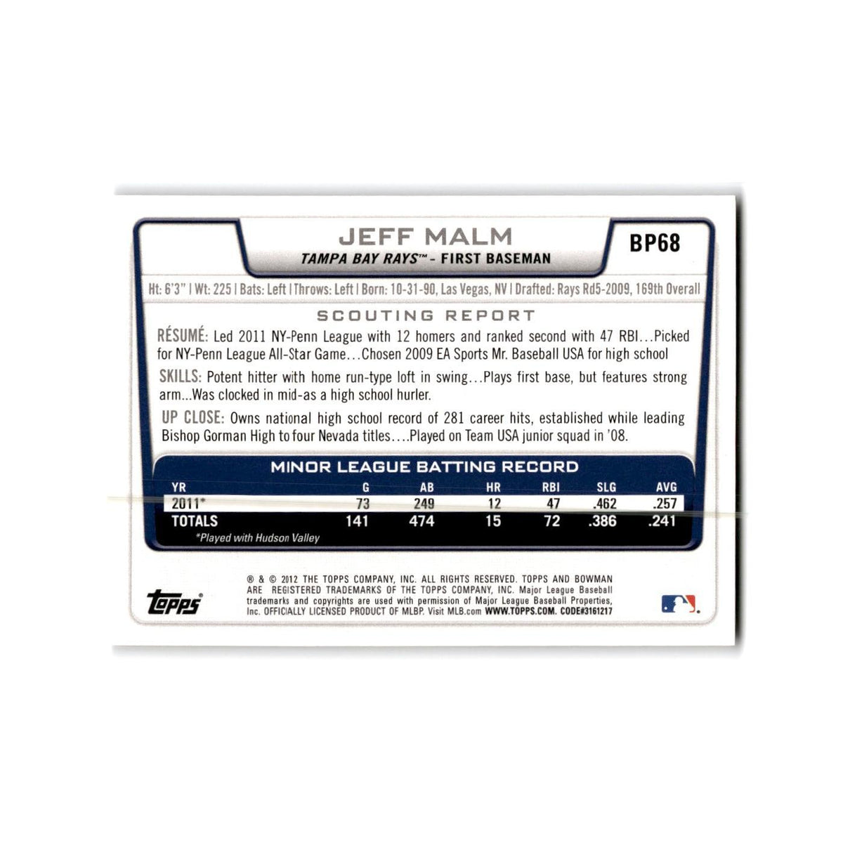 Jeff Malm 2012 Bowman Prospects #BP68 Tampa Bay Rays Baseball Card NM