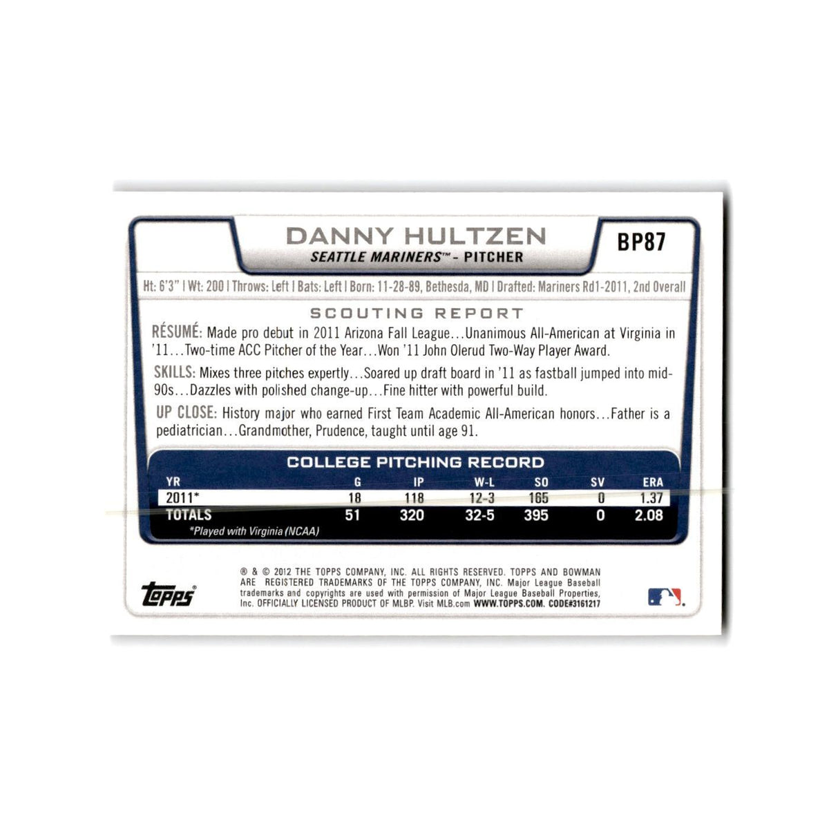 Danny Hultzen 2012 Bowman Prospects #BP87 Seattle Mariners Baseball Card NM