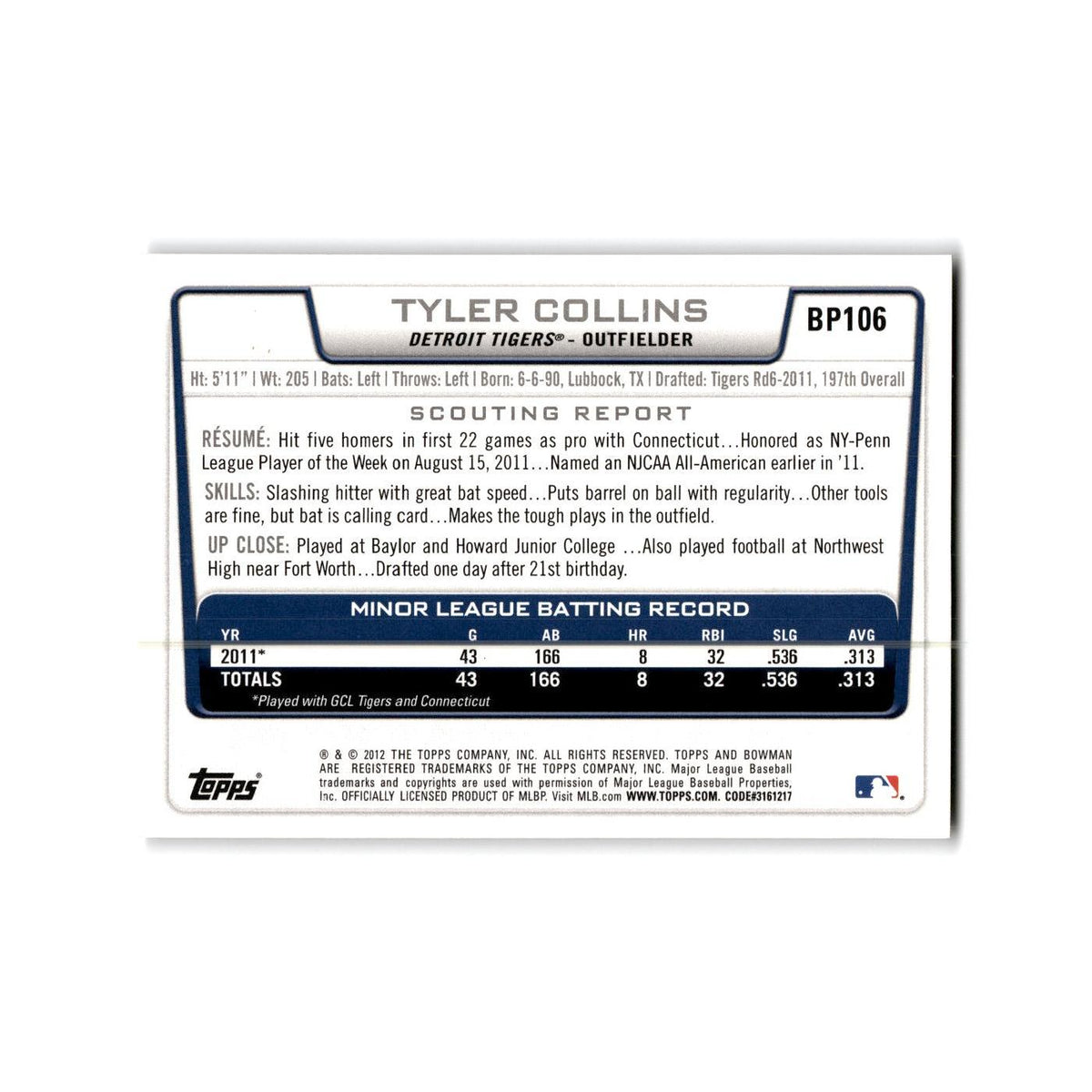 Tyler Collins 2012 Bowman Prospects #BP106 Detroit Tigers Baseball Card NM