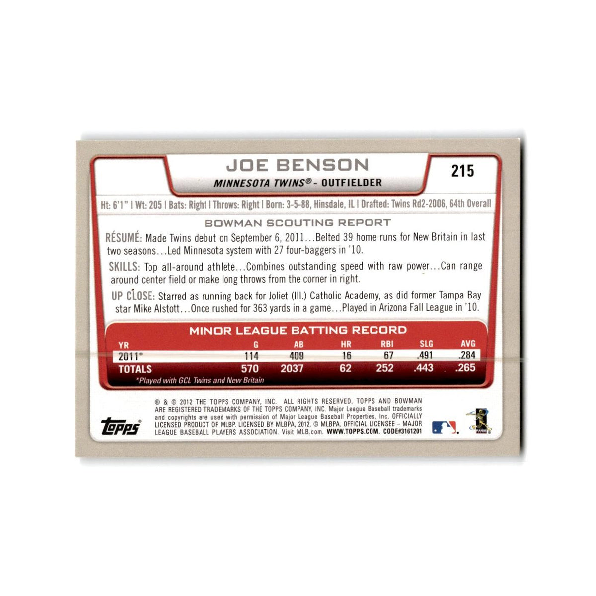 Joe Benson Rookie 2012 Bowman #215 Minnesota Twins Baseball Card NM