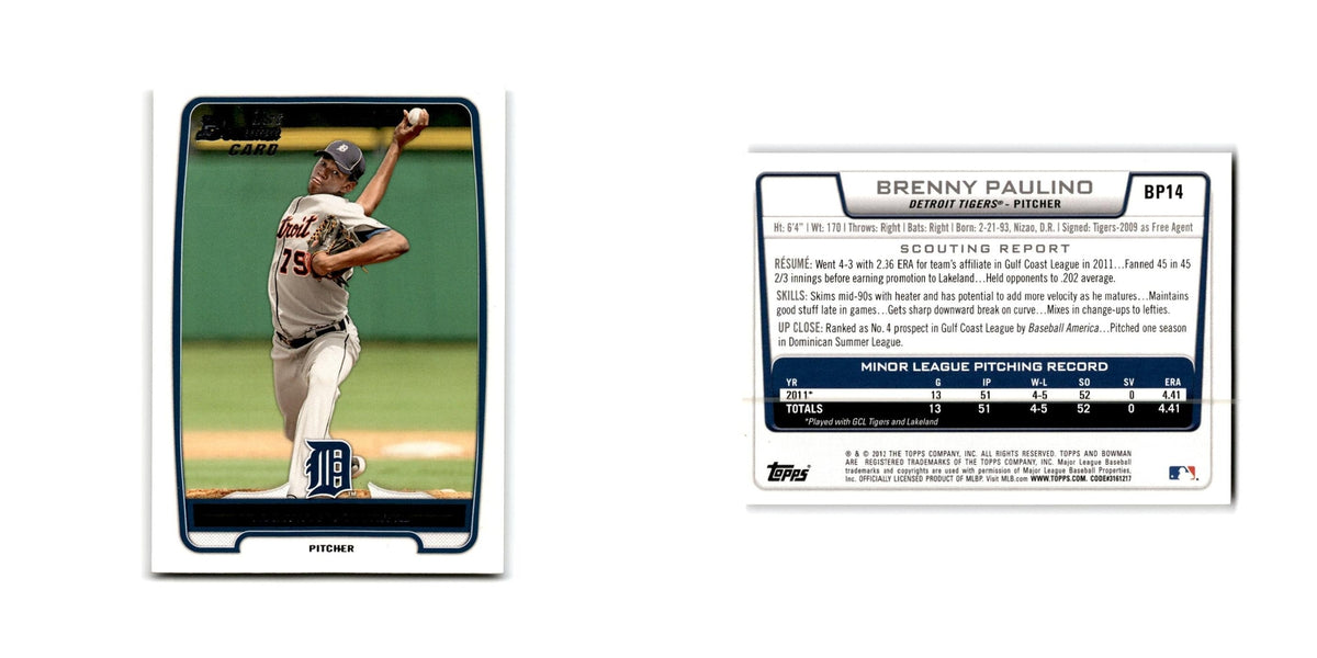 Brenny Paulino 2012 Bowman Prospects #BP14 Detroit Tigers Baseball Card NM