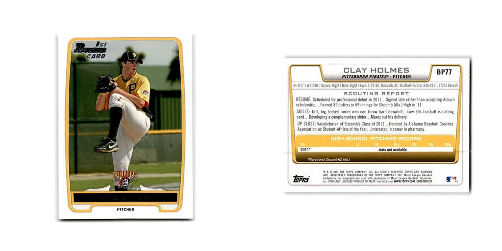 Clay Holmes 2012 Bowman Prospects #BP77 Pittsburgh Pirates Baseball Card NM