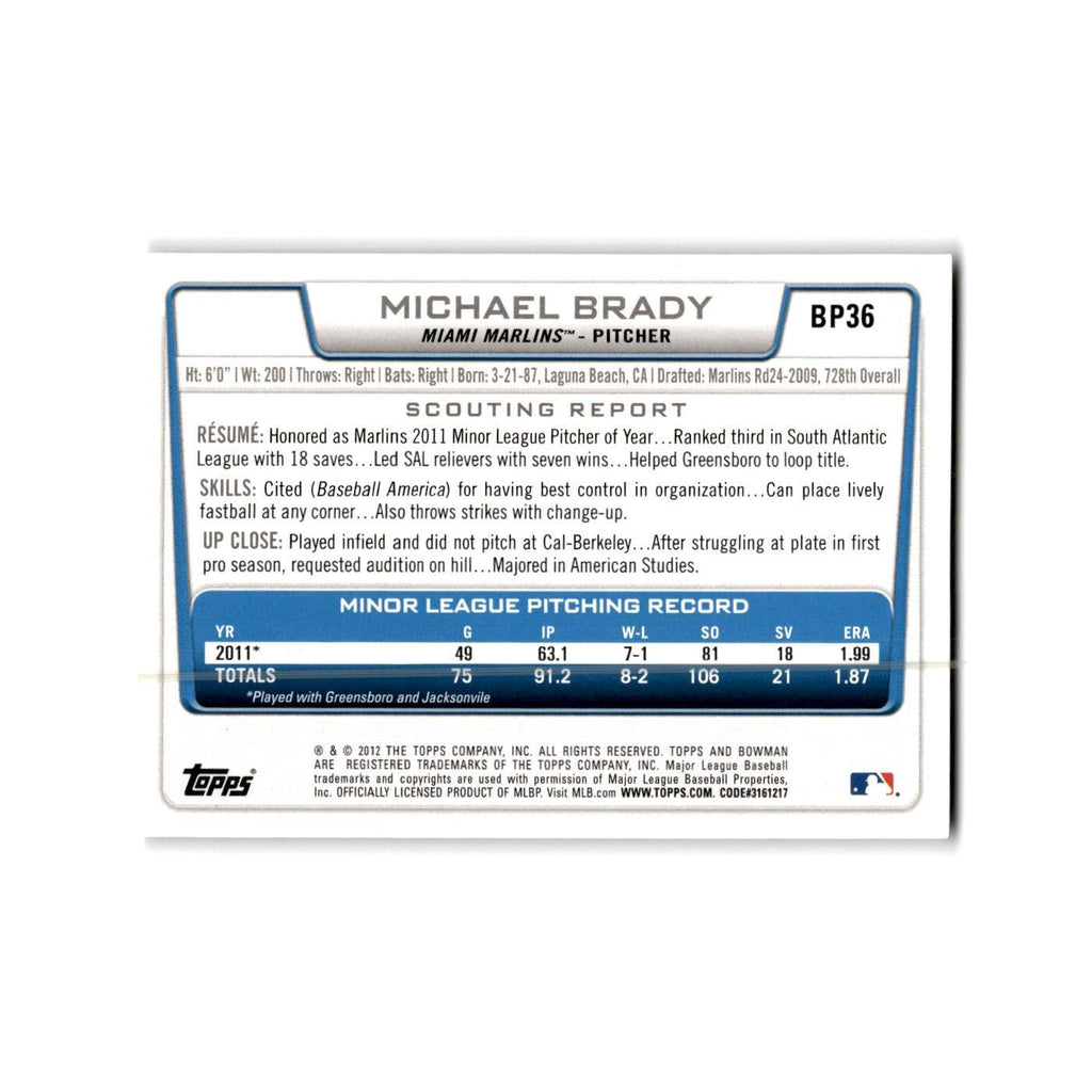 Michael Brady 2012 Bowman Prospects #BP36 Miami Marlins Baseball Card NM