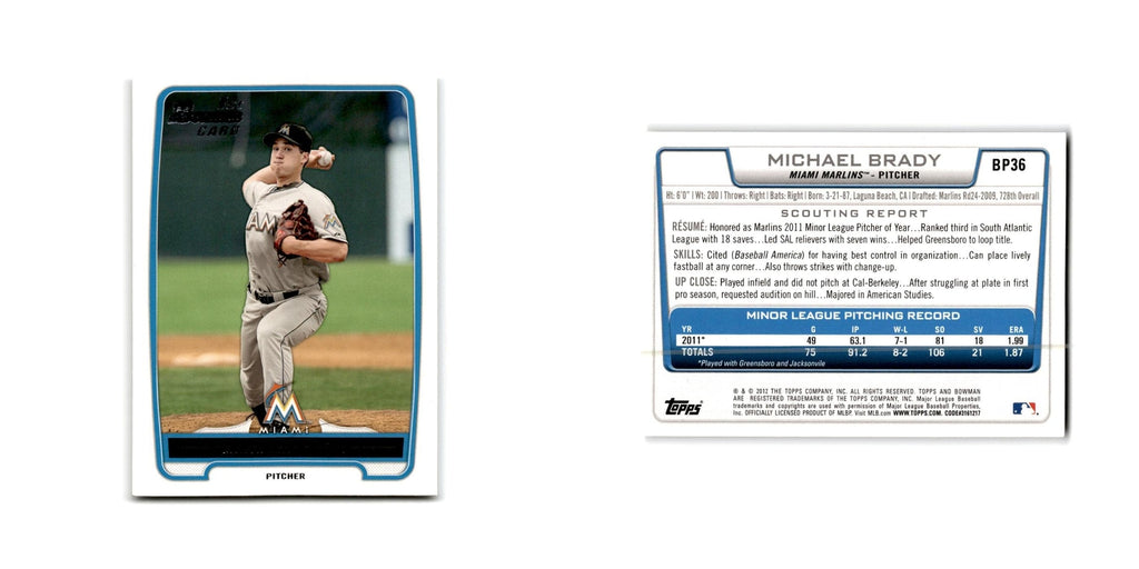 Michael Brady 2012 Bowman Prospects #BP36 Miami Marlins Baseball Card NM