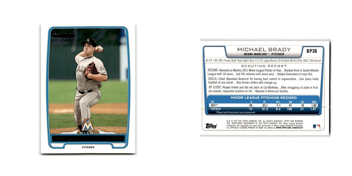 Michael Brady 2012 Bowman Prospects #BP36 Miami Marlins Baseball Card NM