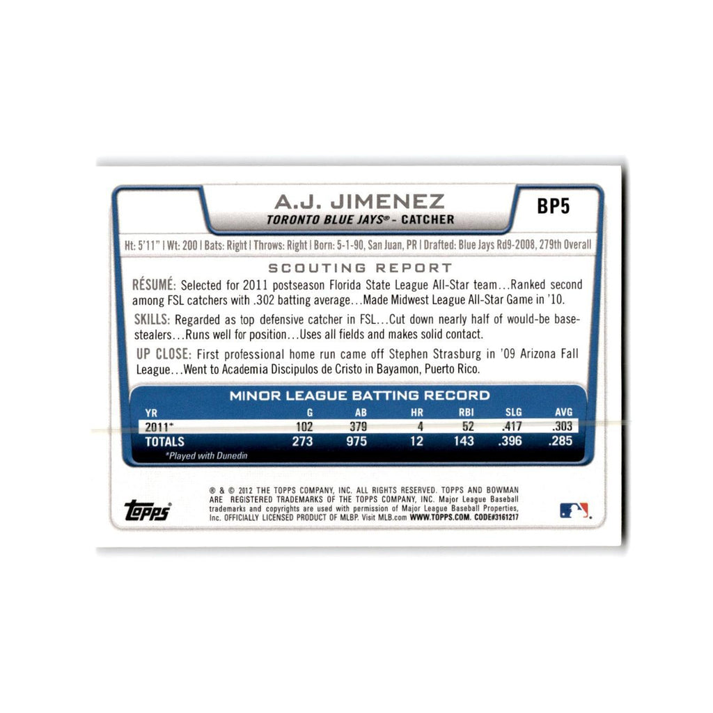A.J. Jimenez 2012 Bowman Prospects #BP5 Toronto Blue Jays Baseball Card NM
