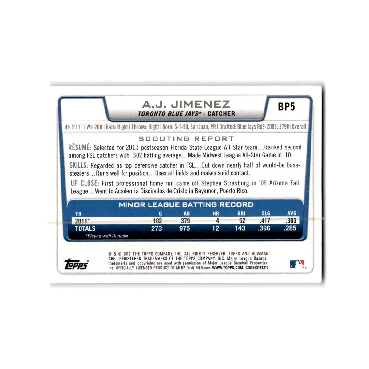 A.J. Jimenez 2012 Bowman Prospects #BP5 Toronto Blue Jays Baseball Card NM