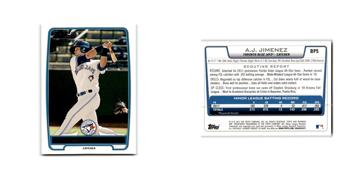 A.J. Jimenez 2012 Bowman Prospects #BP5 Toronto Blue Jays Baseball Card NM