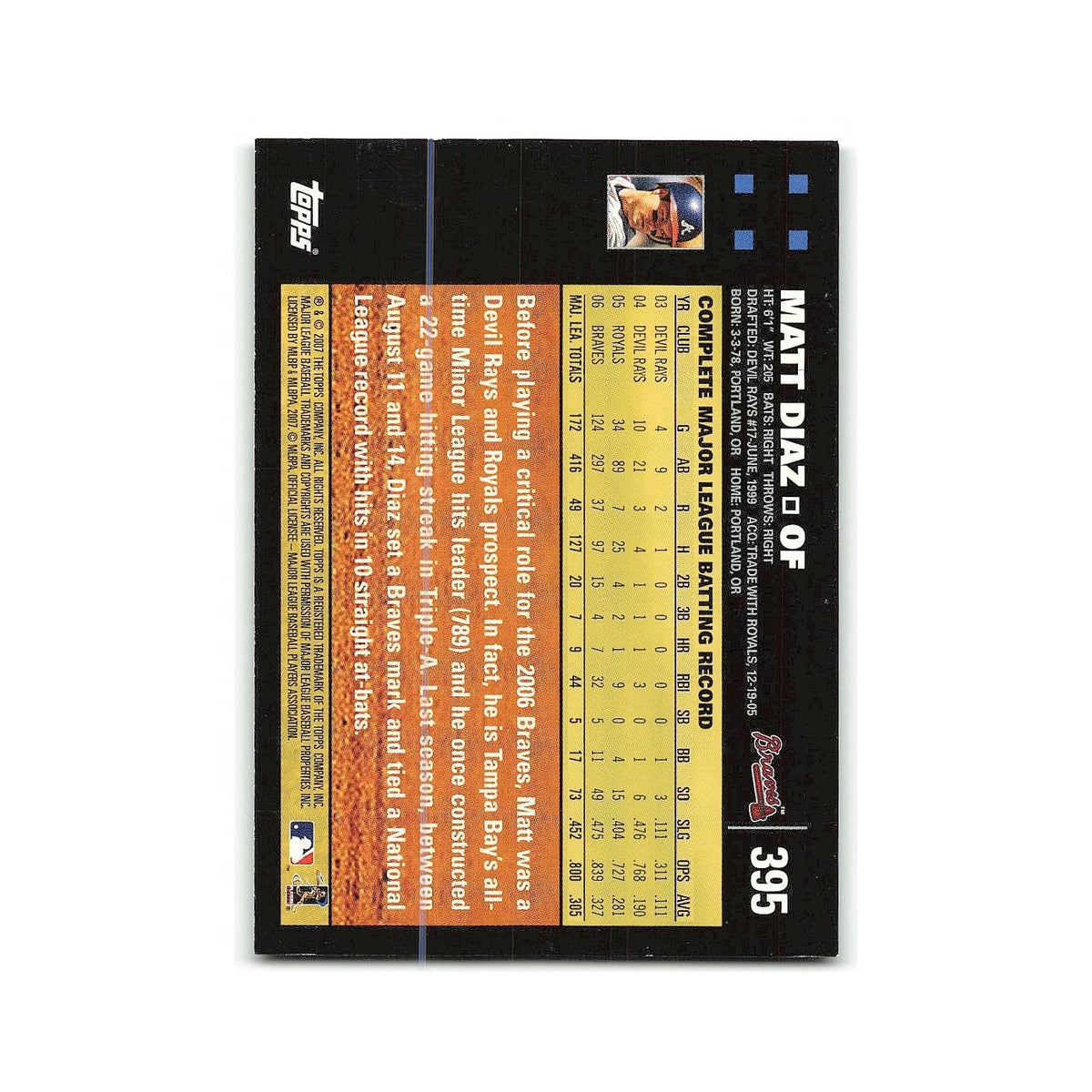 Matt Diaz 2007 Topps #395 Atlanta Braves Baseball Card NM