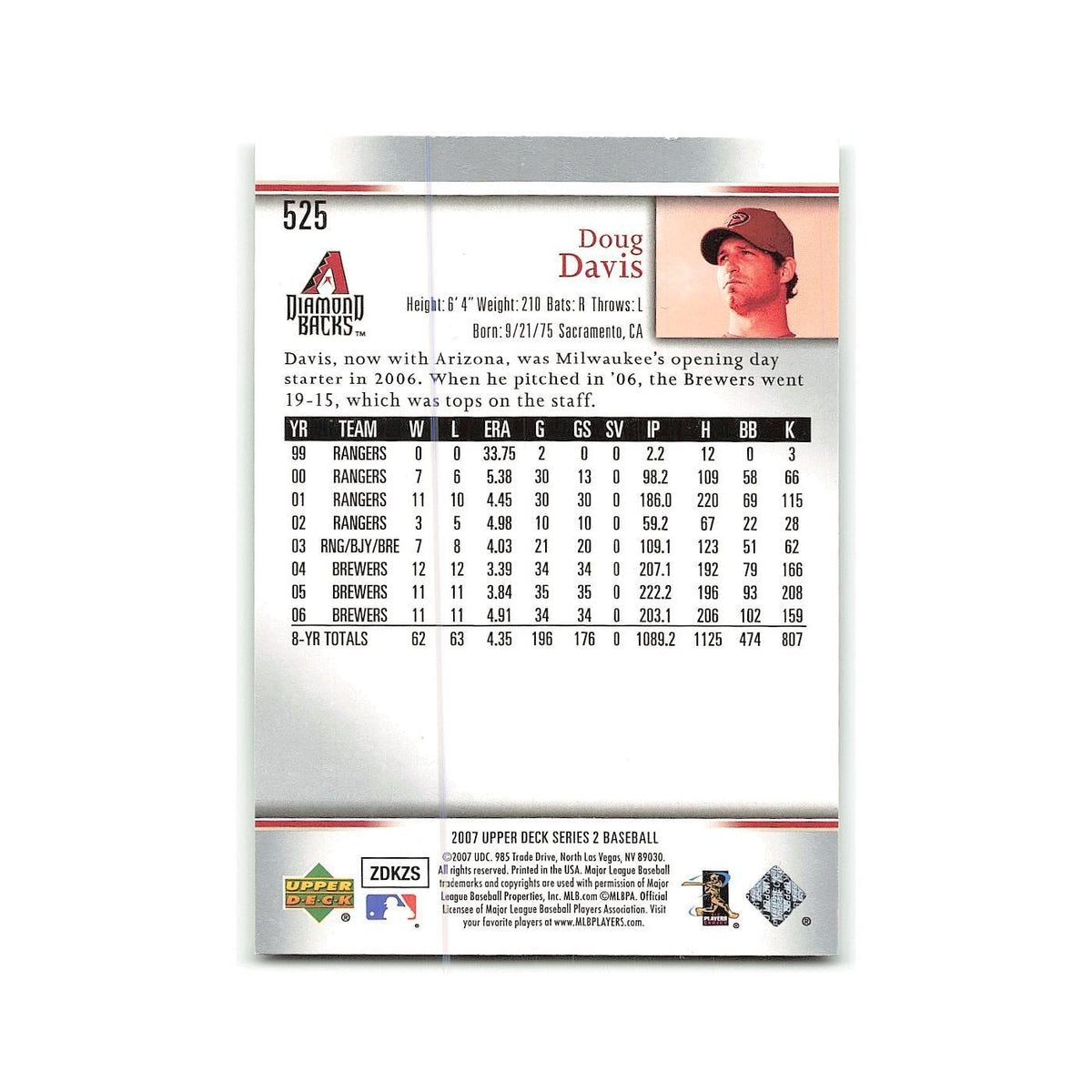 Doug Davis 2007 Upper Deck #525 Arizona Diamondbacks Baseball Card NM