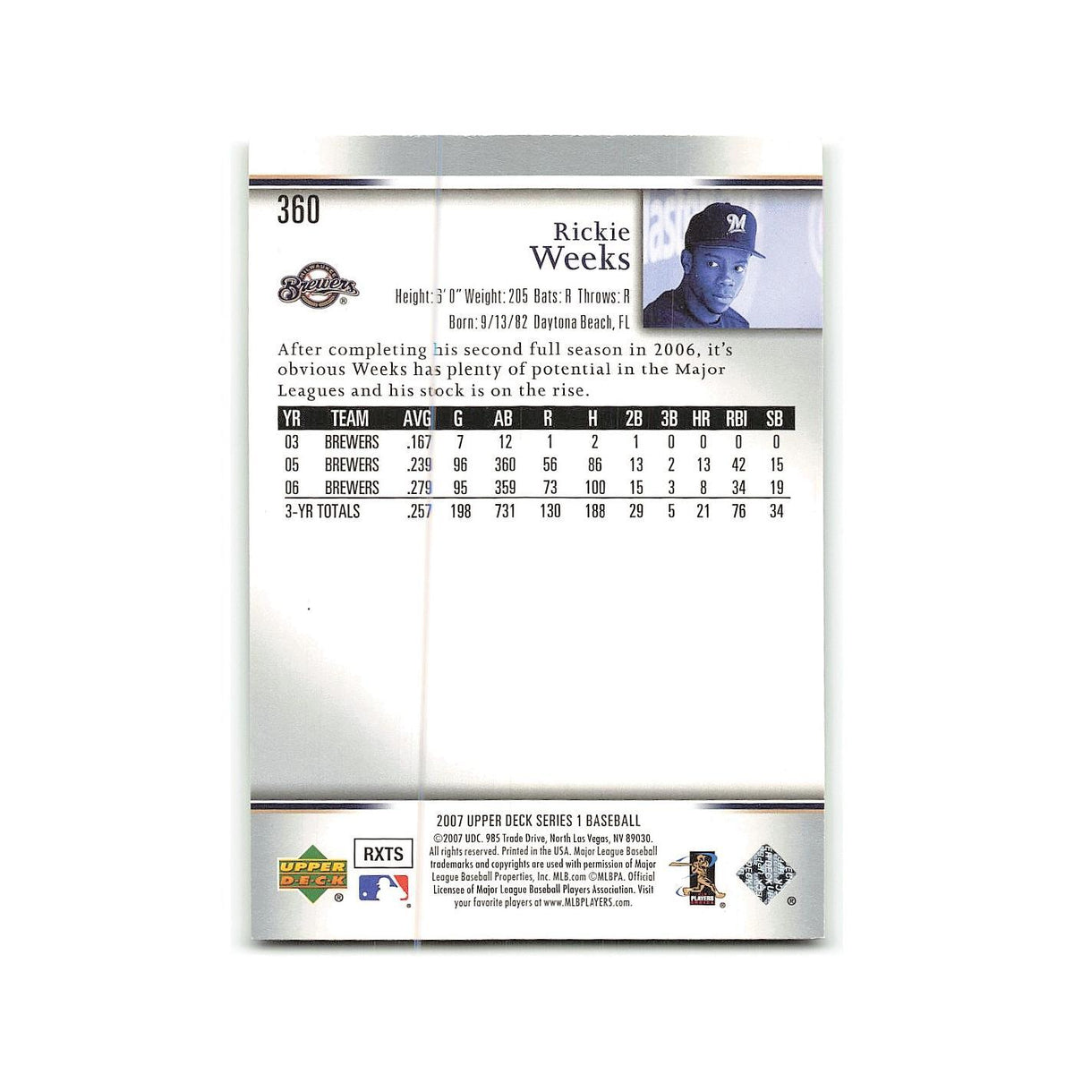 Rickie Weeks 2007 Upper Deck #360 Milwaukee Brewers Baseball Card NM