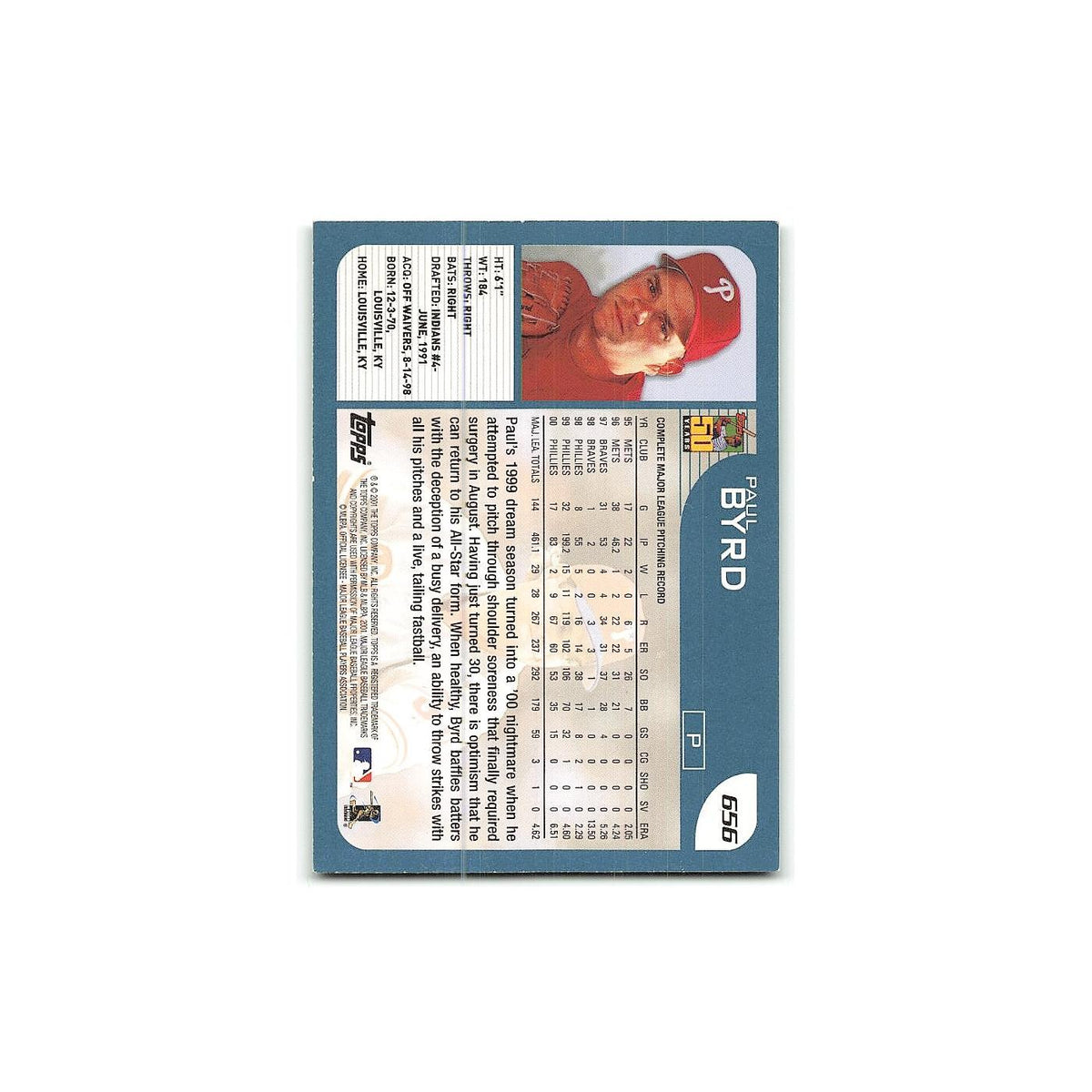 Paul Byrd 2001 Topps #656 Philadelphia Phillies Baseball Card NM