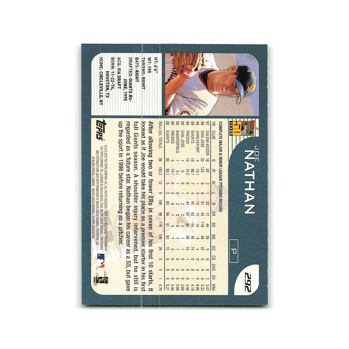 Joe Nathan 2001 Topps #292 San Francisco Giants Baseball Card NM