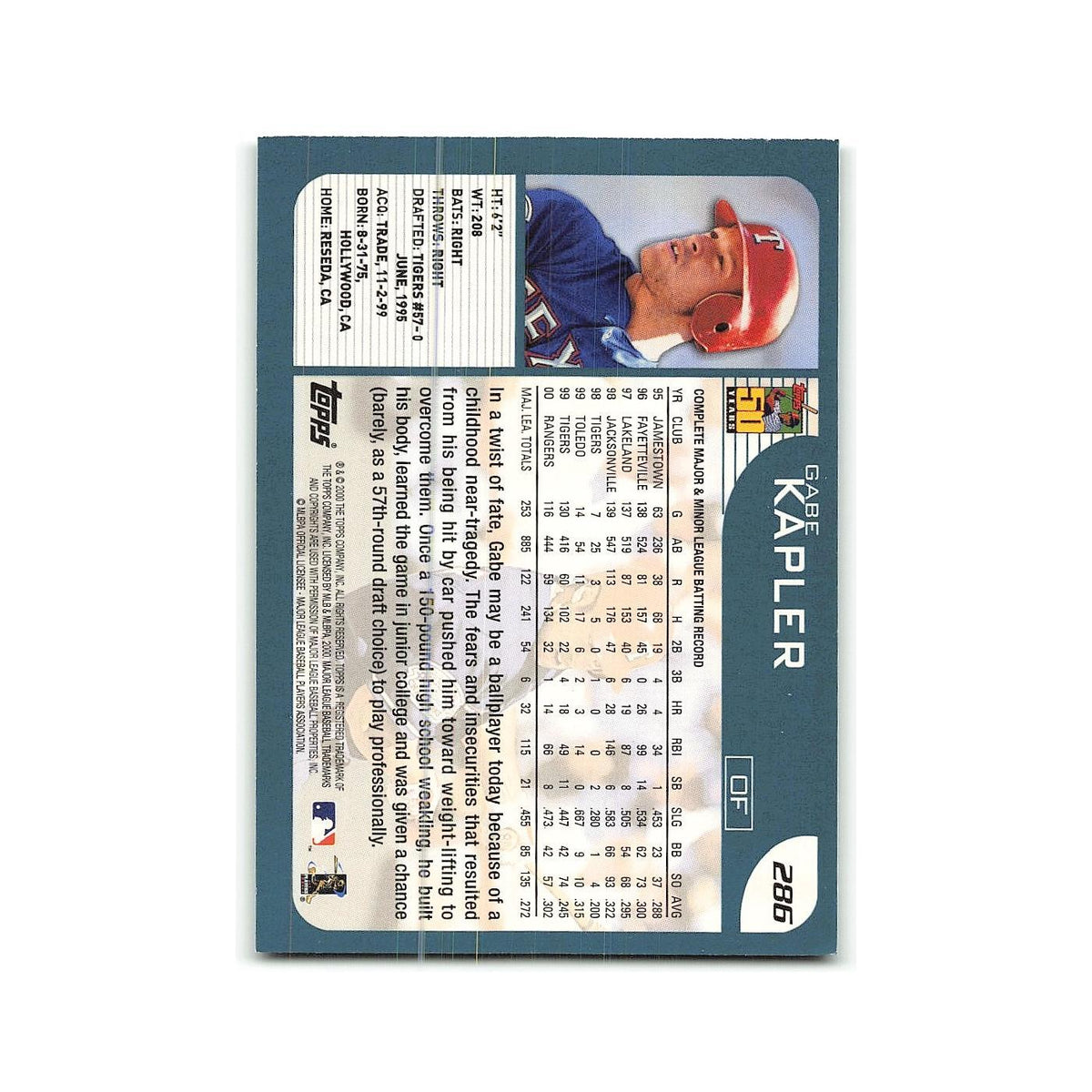 Gabe Kapler 2001 Topps #286 Texas Rangers Baseball Card NM