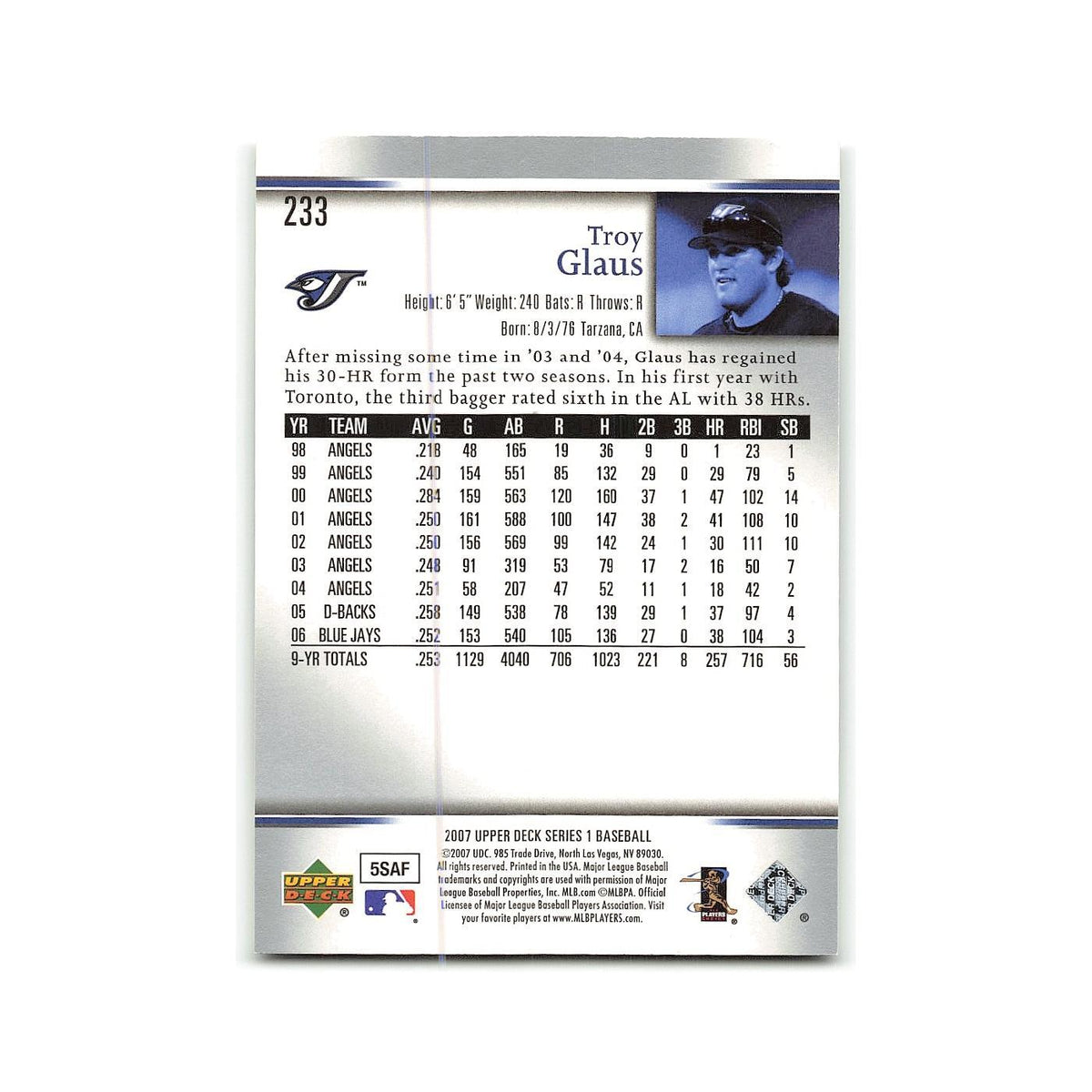 Troy Glaus 2007 Upper Deck #233 Toronto Blue Jays Baseball Card NM