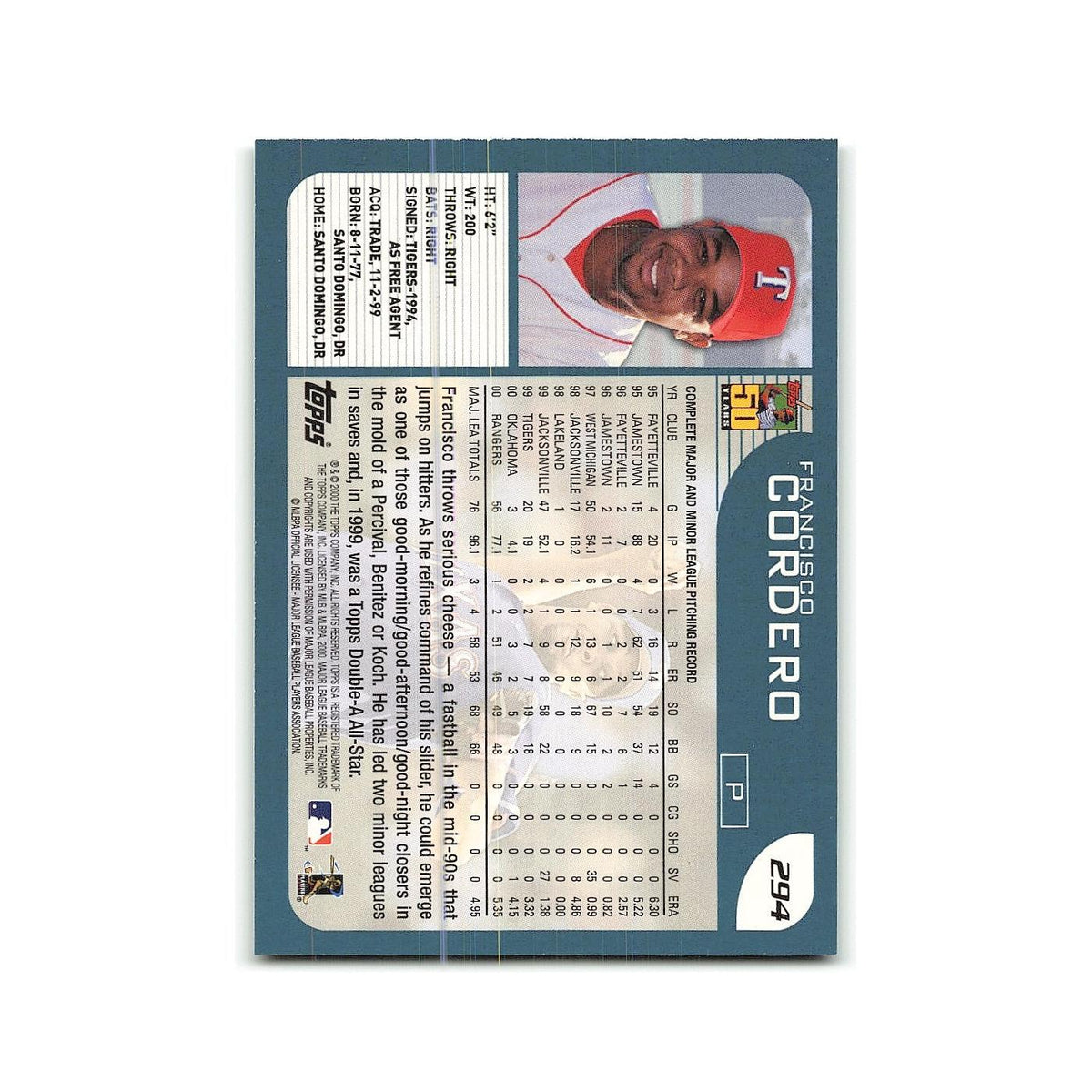 Francisco Cordero 2001 Topps #294 Texas Rangers Baseball Card NM