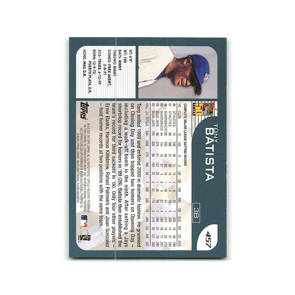 Tony Batista 2001 Topps #457 Toronto Blue Jays Baseball Card NM