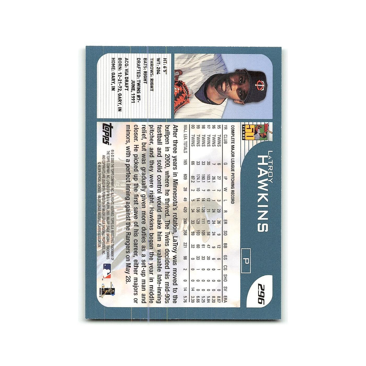 LaTroy Hawkins 2001 Topps #296 Minnesota Twins Baseball Card NM