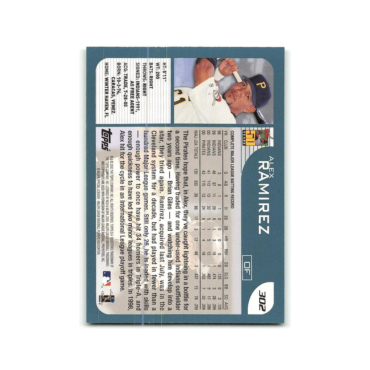 Alex Ramirez 2001 Topps #302 Pittsburgh Pirates Baseball Card NM