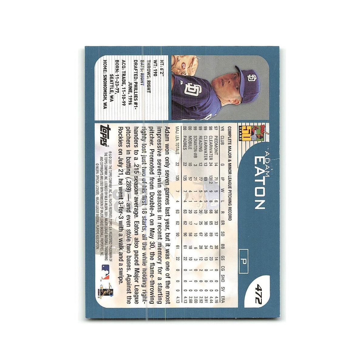 Adam Eaton 2001 Topps #472 San Diego Padres Baseball Card NM