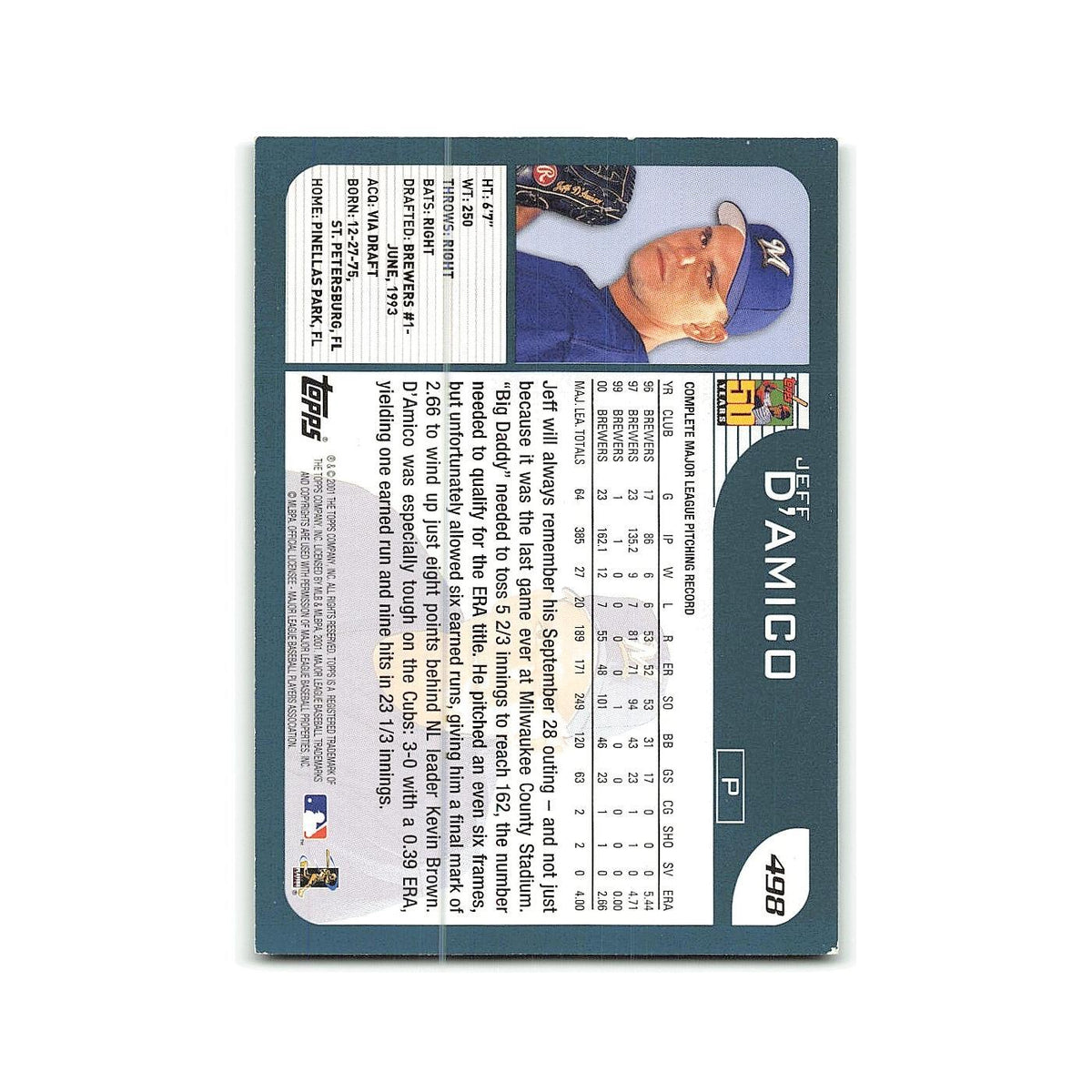 Jeff D'Amico 2001 Topps #498 Milwaukee Brewers Baseball Card NM