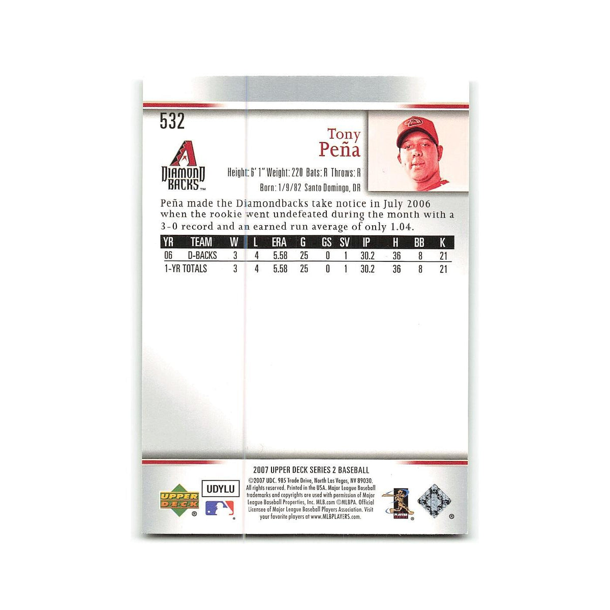Tony Pena 2007 Upper Deck #532 Arizona Diamondbacks Baseball Card NM