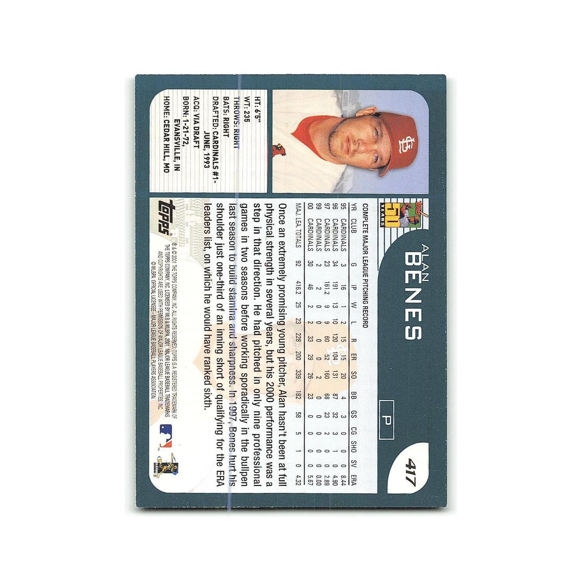 Alan Benes 2001 Topps #417 St. Louis Cardinals Baseball Card NM