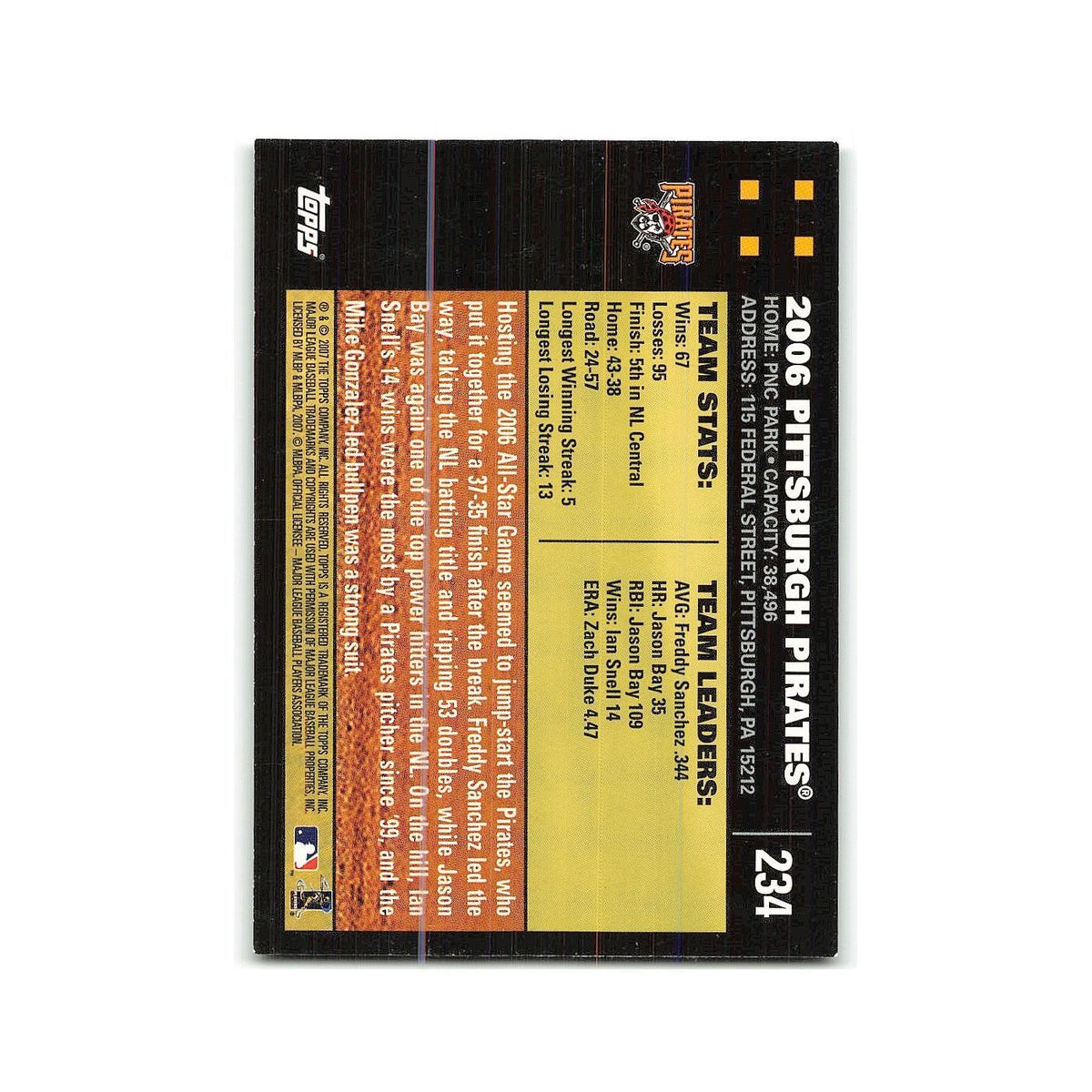 Pittsburgh Pirates 2007 Topps #234 Pittsburgh Pirates Baseball Card NM