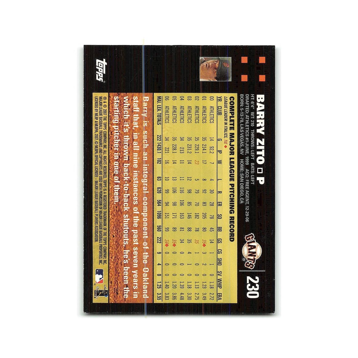Barry Zito 2007 Topps #230 San Francisco Giants Baseball Card NM