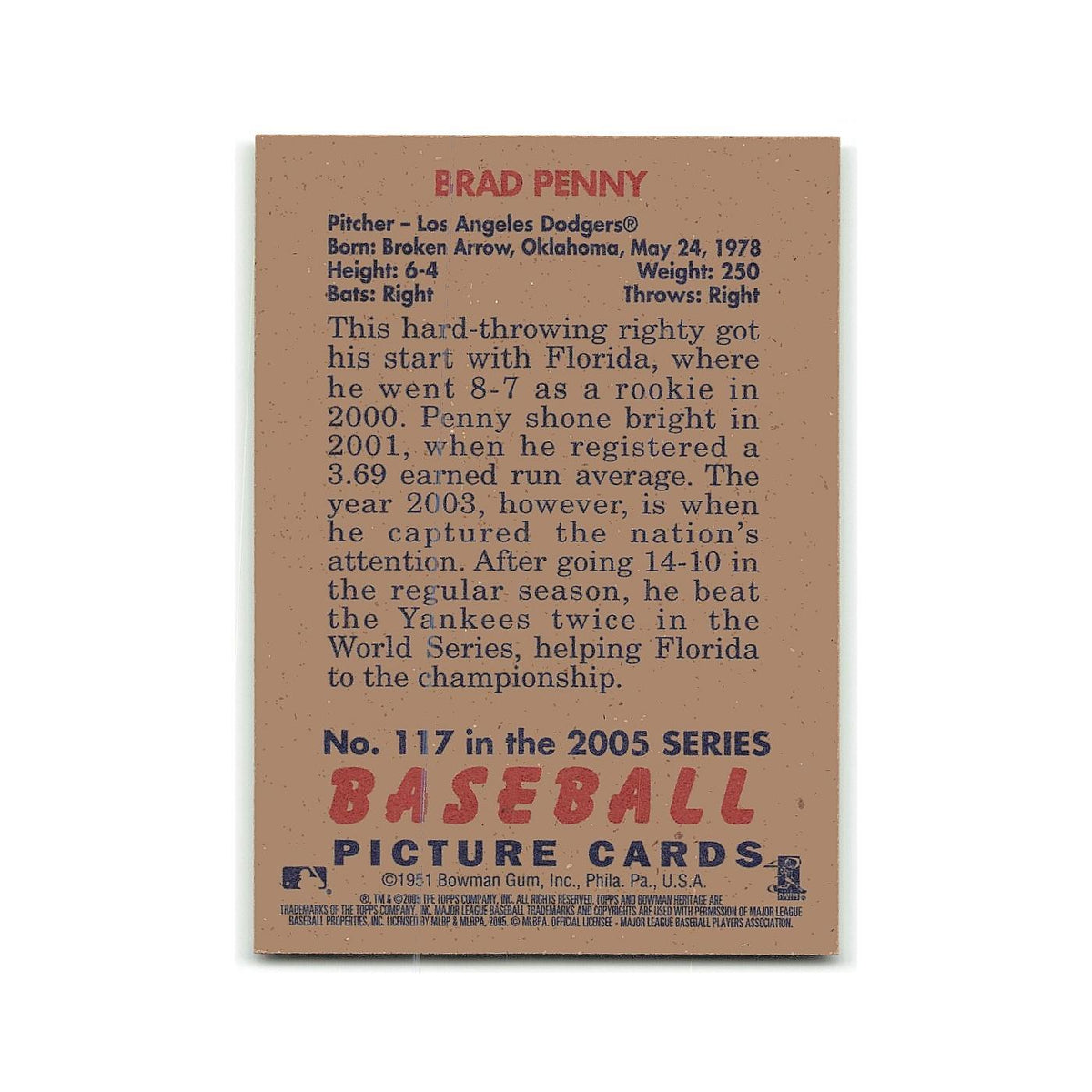 Brad Penny 2005 Bowman Heritage #117 Los Angeles Dodgers Baseball Card NM