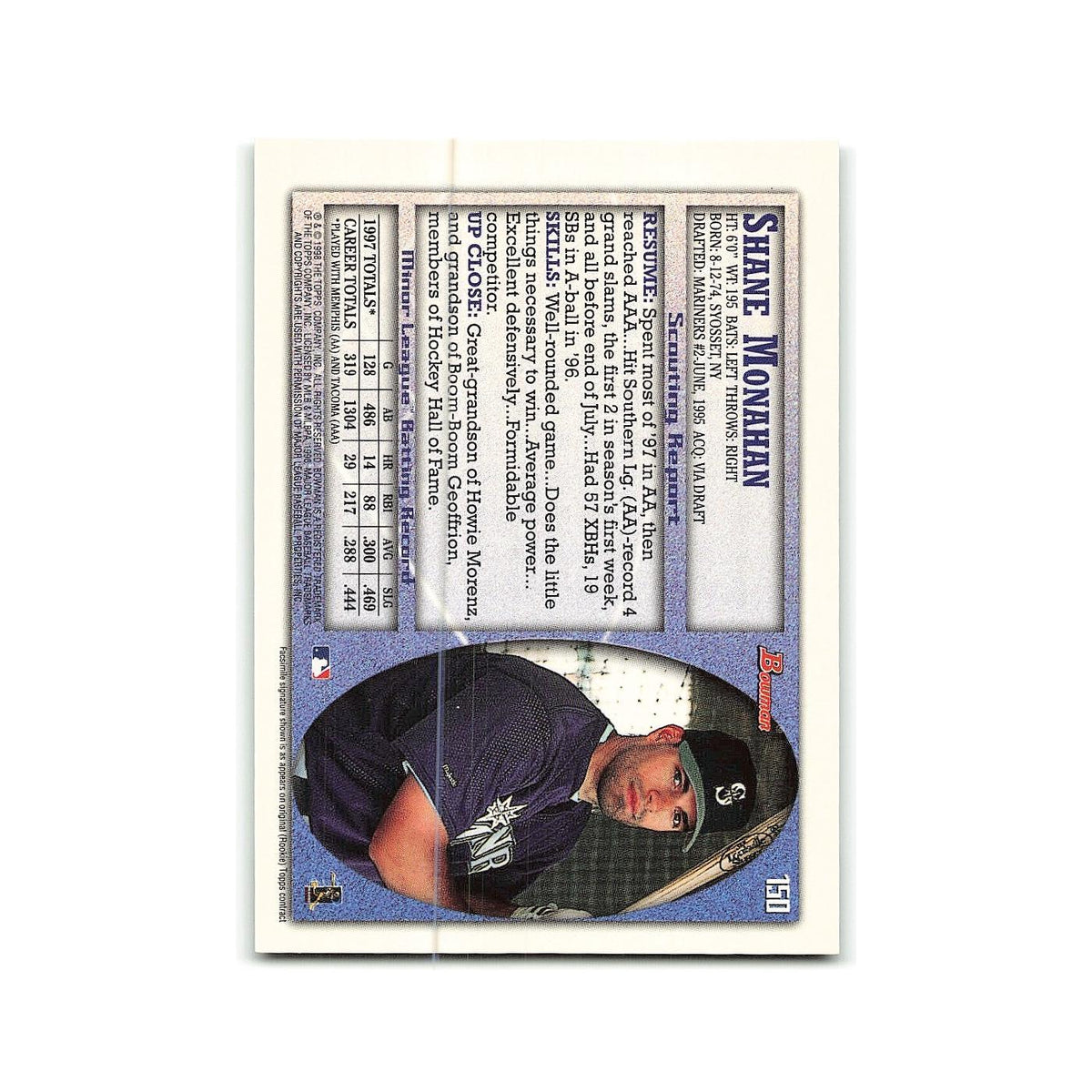 Shane Monahan 1998 Bowman #150 Seattle Mariners Baseball Card NM