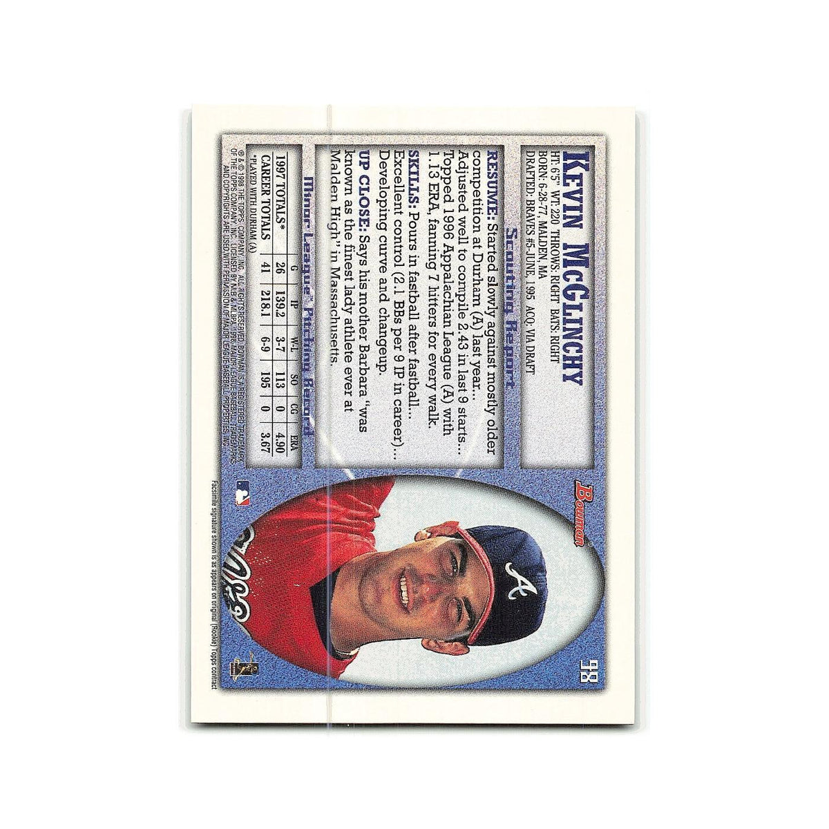 Kevin McGlinchy 1998 Bowman #98 Atlanta Braves Baseball Card NM