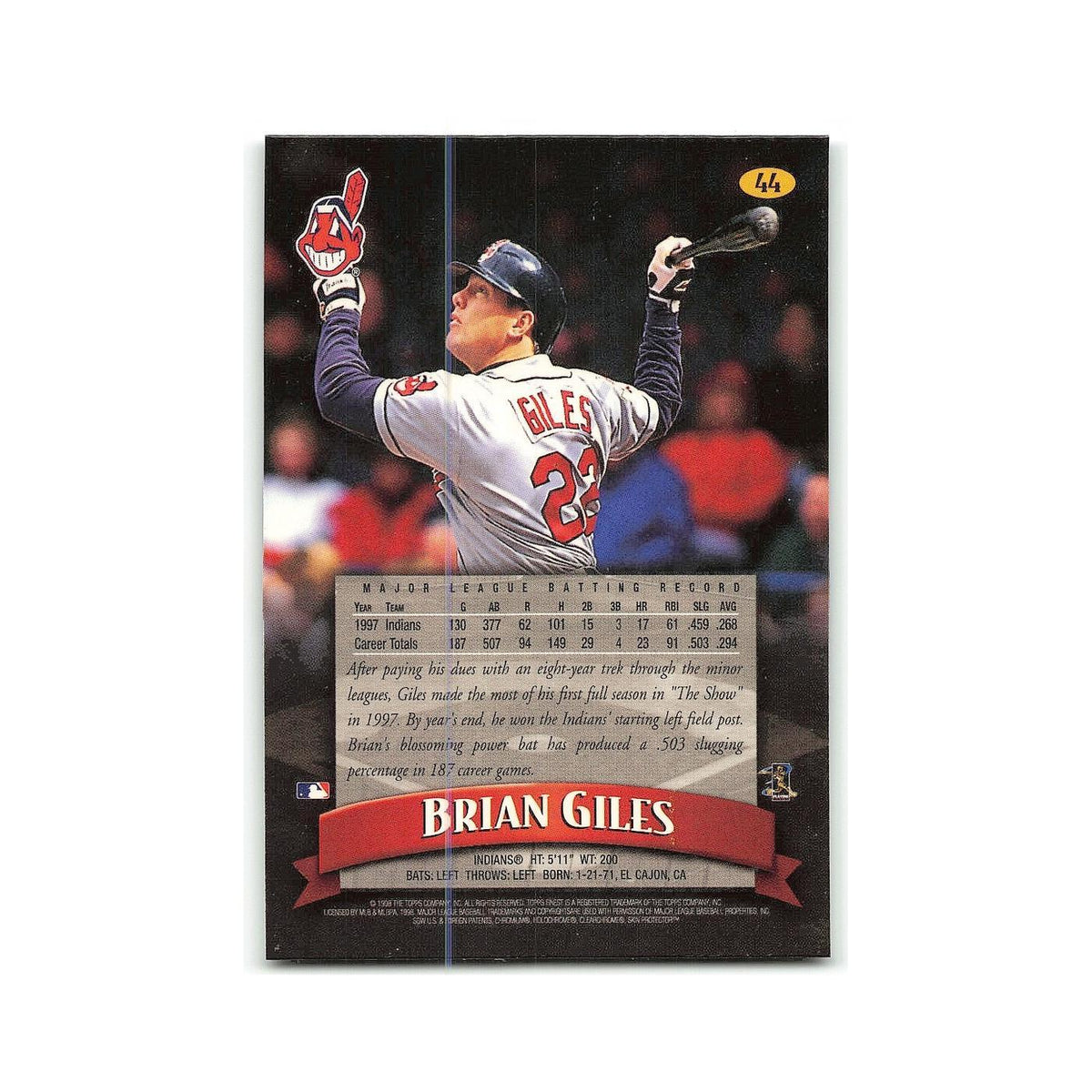 Brian Giles 1998 Topps Finest w Coating #44 Cleveland Indians Baseball Card NM