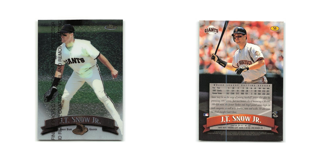 J.T. Snow 1998 Topps Finest w Coating #53 San Francisco Giants Baseball Card NM