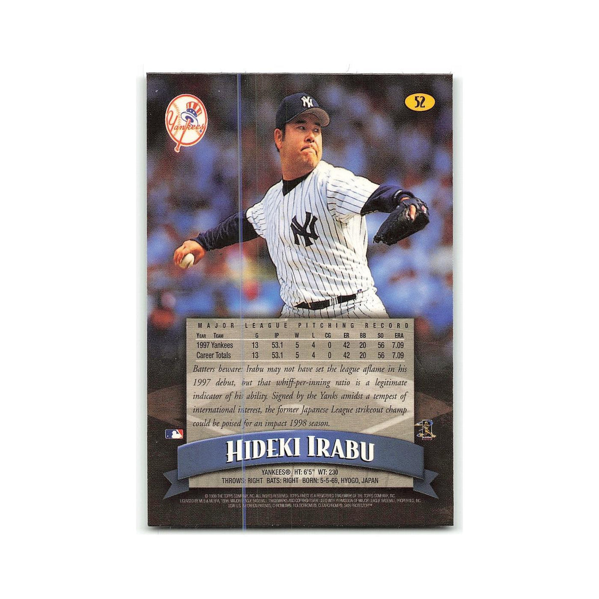 Hideki Irabu 1998 Topps Finest w Coating #52 New York Yankees Baseball Card NM